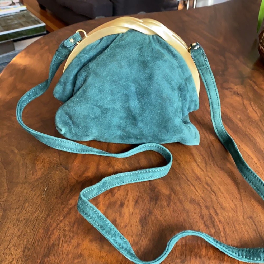 Vintage green suede and gold evening bag. Donna Karan